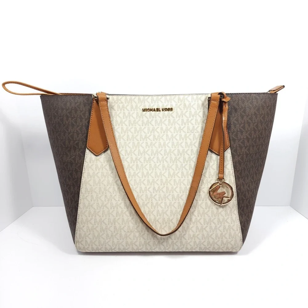 Michael‎ Kors Women Shoulder Tote Bag Purse Handbag Brown Cream Design MK
